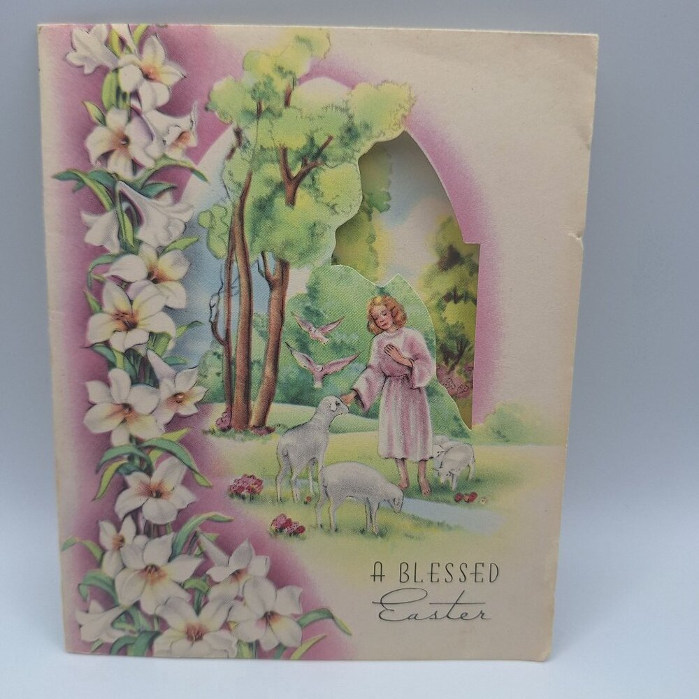 Blessed Easter Card Vintage Religious Fold-Out Lily Design Made In USA‎ Keepsake